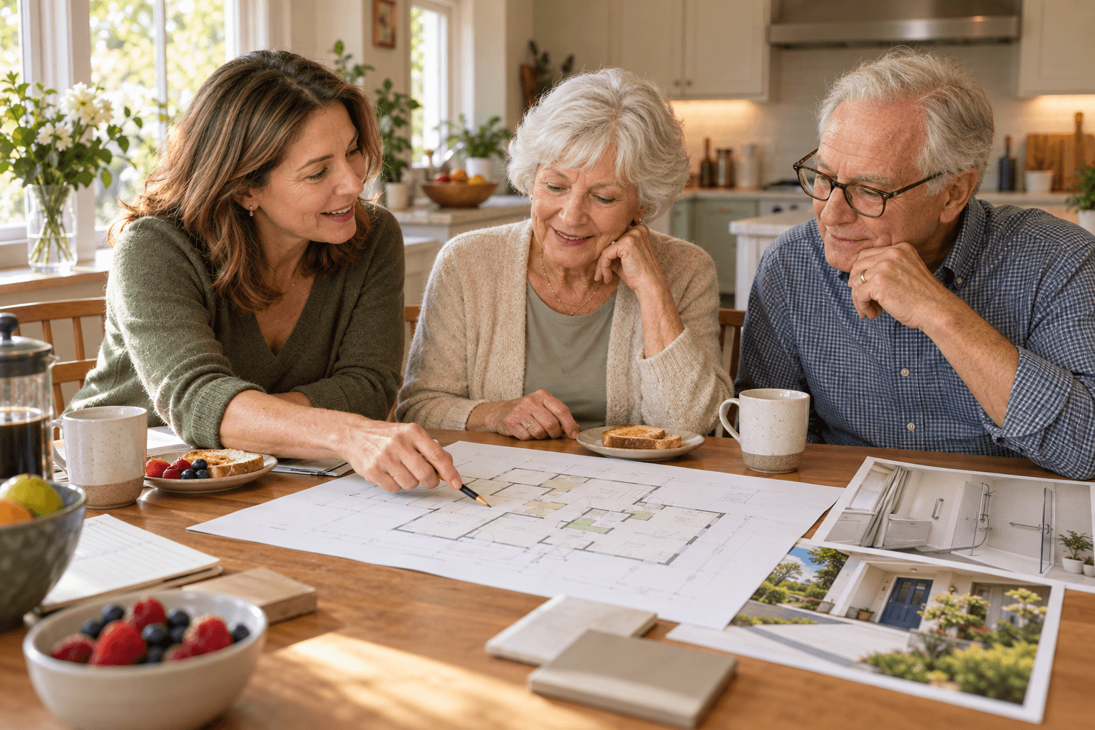 An adult daughter helping her older parents plan home changes at their breakfast table.